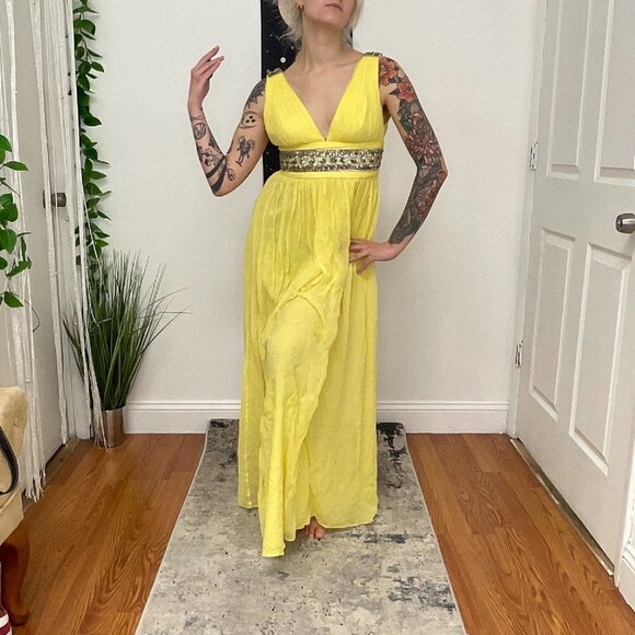 Marchesa Notte Sleeveless Fit & Flare Maxi Dress Beaded Waist Size 4 Yellow - Picture 10 of 13